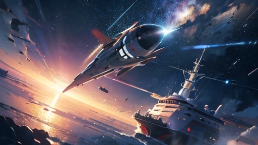 shooting star,Space Battleship,perfect battleship,detailed battle ship,Break the battleship is flying in 宇宙,Break background in space,detailed background,masterpiece,best quality,super detailed,super fine illustration,8k,dynamic angle,Break Space Battleshi...