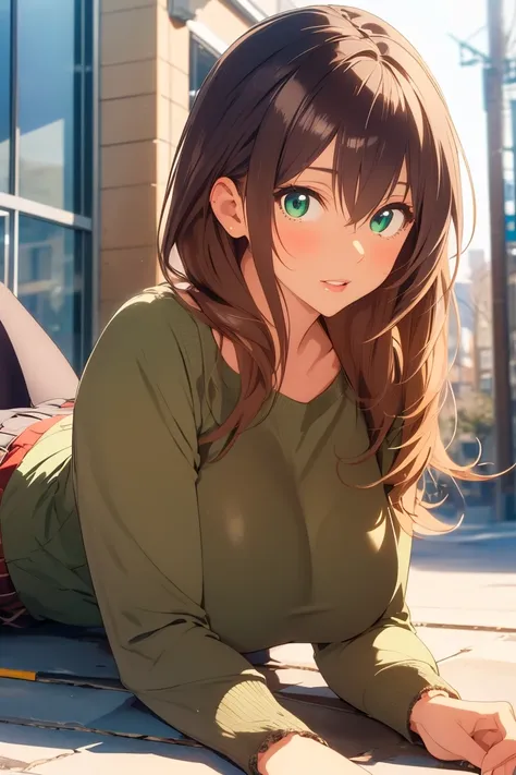 visual anime of a cute girl, best anime girl, Ecchi anime style, seductive lady, big ,long shiny brown hair ,detailed eyes and face,detailed lips,beautiful detailed eyes, green eyes, wearing a brown pencil miniskirt,  black high heels,   wearing low-cut bl...