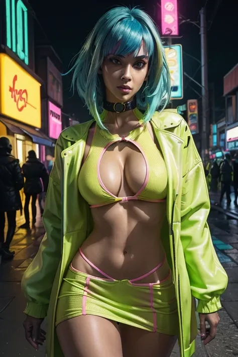 Cyberpunk, dress with keyhole_cleavage, Safe For Work, Woman, street worker, Cyberpunk street in background, brightly colored clothing, ethnically European, sexy clothing, neon colored clothing, Keyhole_cleavage dress, nicely detailed, sharp focus, neon gr...