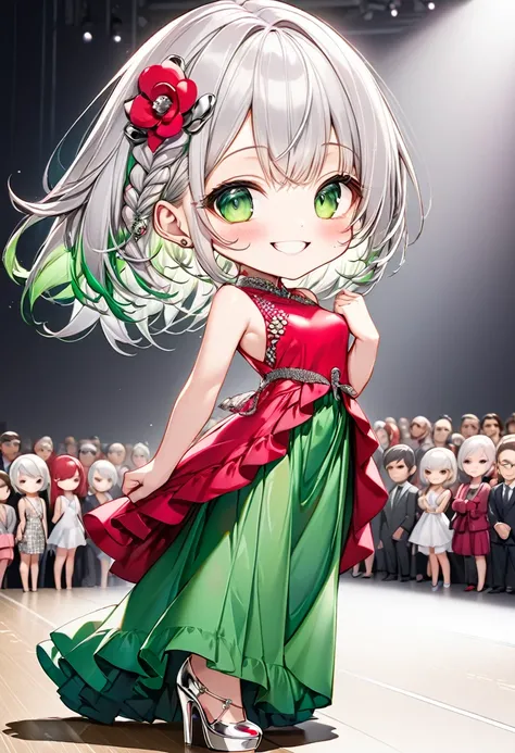 Highest quality, High resolution, Detailed Background, Beautiful face in every detail, Anatomically correct, Detailed facial expressions, fine grain、((From the side)), break ((One Girl, Chibi Girl)), (fashion model), silver Hair, beautiful clear big green ...