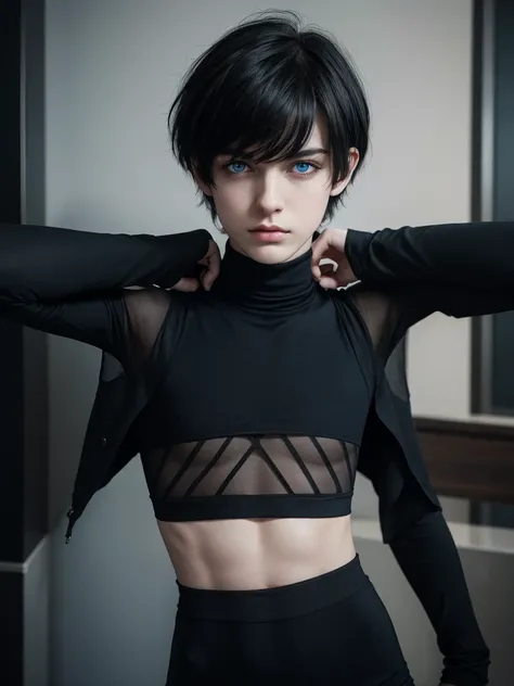 (best quality), 1boy, male, pale skin, black hair, short hair, tousled hair, messy bangs, bangs over eyes, blue eyes, perfect eyes, dark circles under eyes, lanky body, boyish, strong jawline, frown, attractive, goth boy, long sleeved black crop top, mascu...