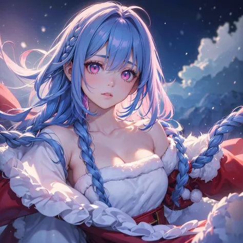 Sky Blue Medium Hair, (Braided Hair),(Pink Eyes),Fair skin ,(whole body),(1 girl)、Christmas、Santa Costume、present、Straight bangs,(masterpiece, Highest quality, Very detailed, Best Shadow), (Detailed Background), (Beautifully detailed face), High Contrast, ...