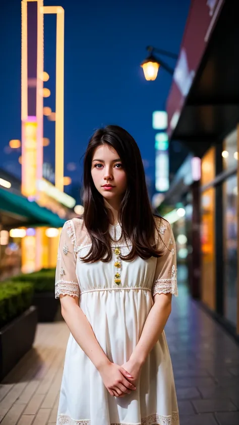 color photography of 27 years old (Polish woman:1.3), elegant, (in city promenade:1.3), at night, flat lighting, (soft saturation:1.2), analog style,girl from korea, black hair