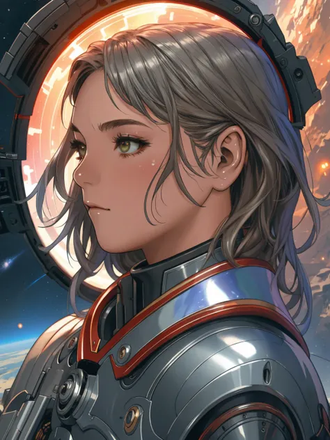 Digital portrait of a marine woman in space, pronounced feminine features, Silver alloy metal and red heavy space armor, In the wilderness, detailded, film composition, Power Space Armor, details Intricate, weirdcore, Altamente detailded, 8k, arte de artge...