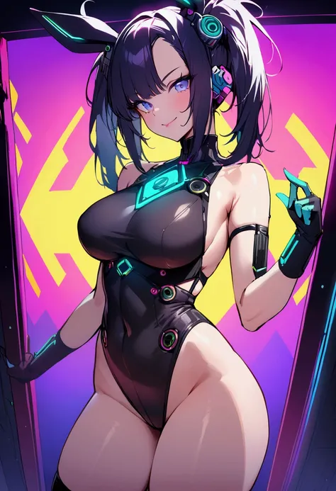 masterpiece,Highest quality,Super quality,Almost naked,Black Bunny Girl,cyber punk,smile,Beautiful breasts,Standing posture