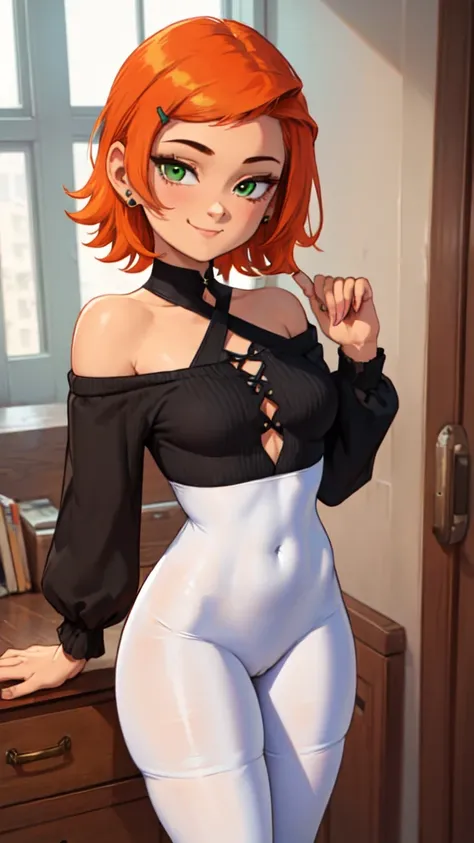 1 girl,(solo), (masterpiece:1.2), (high quality:1.0),looking at viewer, (ultra detailed),smile,short orange hair, green eyes, Gwen Tennyson, off shoulder black dress, white pantyhose (thick tights:1.3)