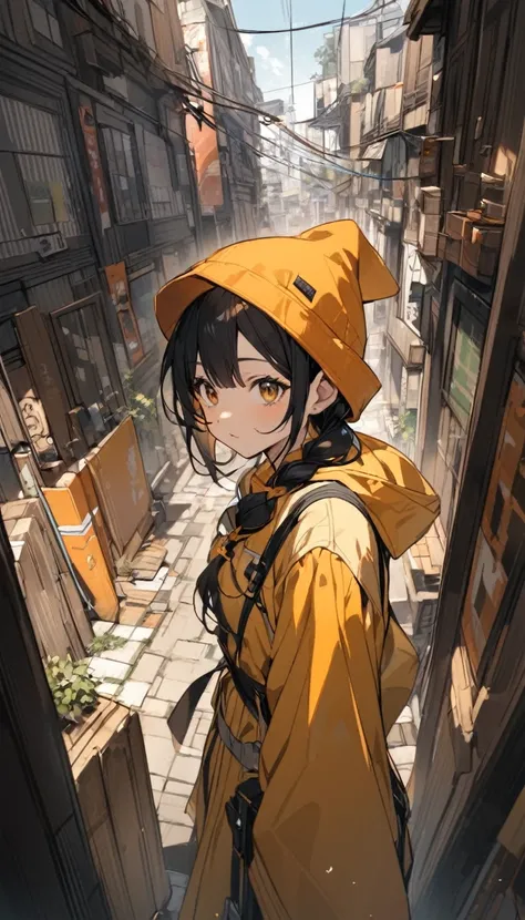  with black hair with an orange cap and a yellow dress with long sleeves 