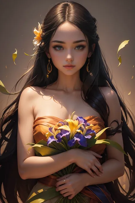 Oil painting with neon color palette capturing a woman, face gently cradling an energetically blooming iris, chiaroscuro lighting, casting intricate shadows, petals rendered with soft delicacy contrasting graphically, canvas imbued with the golden hues of ...