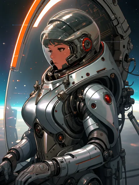 (((fully body))), Digital portrait of a marine woman in space, pronounced feminine features, Silver alloy metal and red heavy space armor, In the wilderness, detailded, film composition, Power Space Armor, details Intricate, weirdcore, Altamente detailded,...