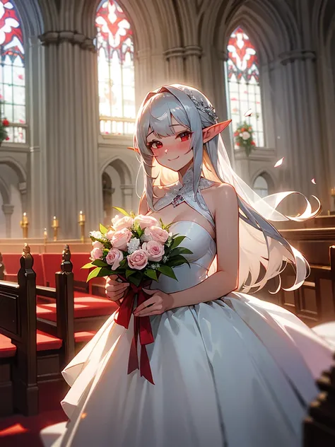 A mature woman,long silver hair with straight bangs,red eye,elf ear,Wearing a wedding dress and holding a bouquet of flowers,smiling and blushing to camera,roses petal around her,scenery is In the church hall behind her