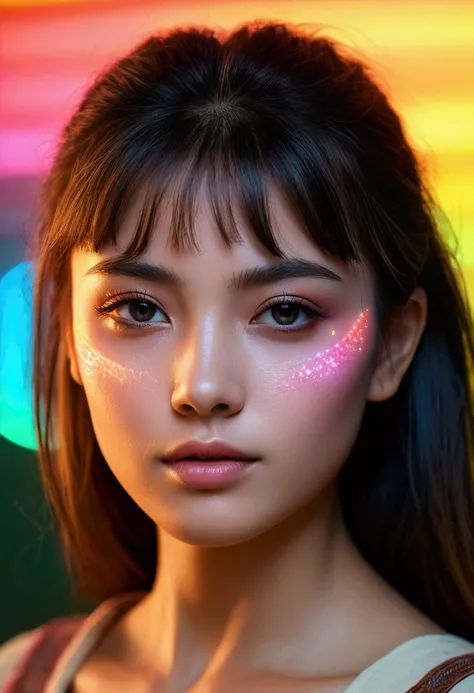 A 5-color light strip shines on the beautiful girl&#39;s cheek，Postmodern photography art is hazy，The background is simply blurred，Dreamlike photography，Old sci-fi blurry cover grainy old photo scratches，Award-winning best works