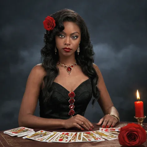 black skin woman , wavy black hair, red rose in hair,
greeneyes, cigarette in hand, and tarot cards in the other hand,
Six silicones, long red and black dress with details, , red lipstick on the mouth, sitting at a table with seven lit red candles and a gl...