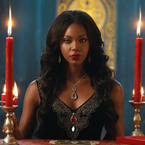 black skin woman , wavy black hair, red rose in hair,
greeneyes, cigarette in hand, and tarot cards in the other hand,
Six silicones, long red and black dress with details, , red lipstick on the mouth, sitting at a table with seven lit red candles and a gl...