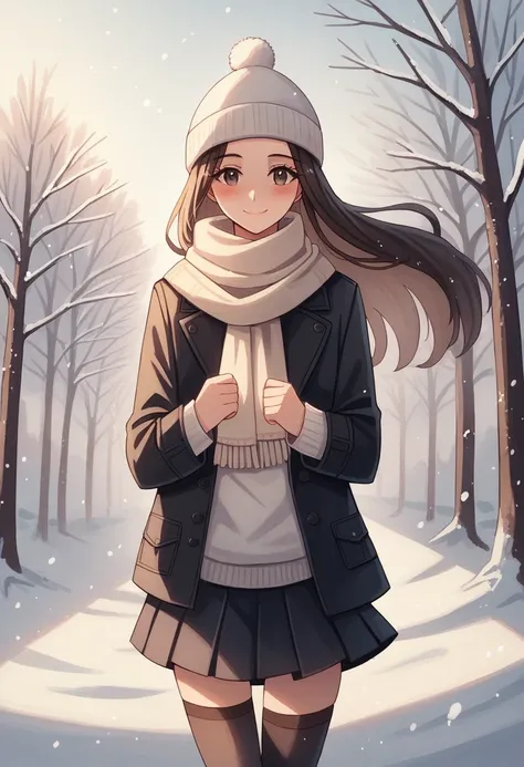 1 girl, clothed, black coat, ((silk white sweater)), short black skirt, (wear black ushanka hat), scarf, Winter stockings, ((long bronze hair )), Russian, bright smile, (blushing), Winter, light snowing, sunlight, eastern Europe, Running forward to viewer,...