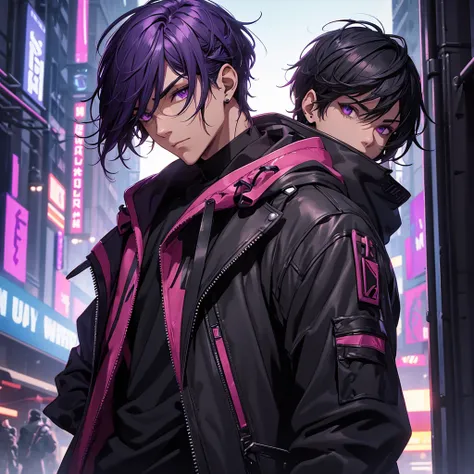 Make a Man Character. male character. short dark purple hair. your clothes should be black. just like your hood. he must be in a futuristic cyberpunk style setting.