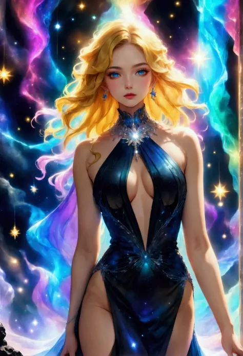 a glamour picture shot, of an elite model covered in stars, walking on a (dark models catwalk: 1.2), an extraordinary glamourous elite female model, ((full body: 1.5)),  ((anatomically correct: 1.5), (ultra detailed face: 1.2), best detailed face, yellow h...