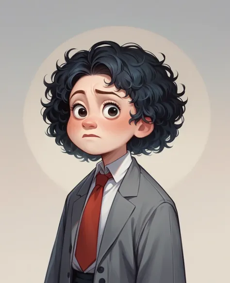 White Tall Home, Round face, short black curly hair, dressed in gray suit and red tie, disney pixar style