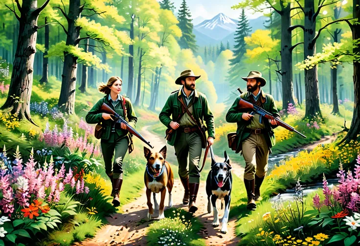 (Highest quality, Super detailed, Realistic: 1.37),  Bright colors,Two hunters, hunting rifles in hand, walk cautiously along a path through a flowering forest, while two hounds run frolicking around them. 