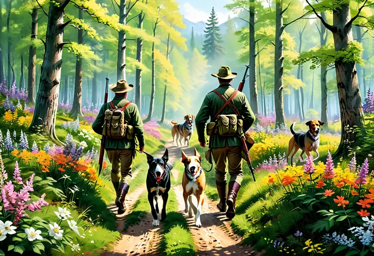 (Highest quality, Super detailed, Realistic: 1.37),  Bright colors,Two hunters, hunting rifles in hand, walk cautiously along a path through a flowering forest, while two hounds run frolicking around them. 