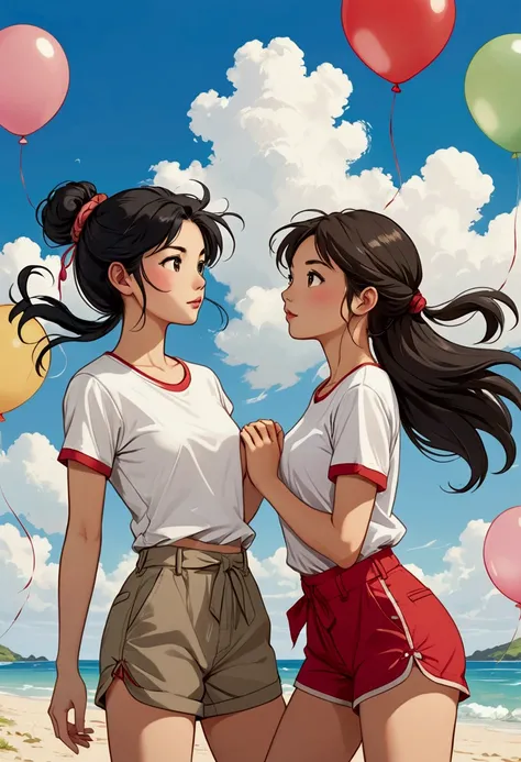 Two beautiful young women in Sarah Kay style, in love. One is an Asian woman with long black hair blowing in the wind, the other young woman is a young British woman with semi-short light brown hair tied in a bun, both dressed in a white T-shirt and red de...