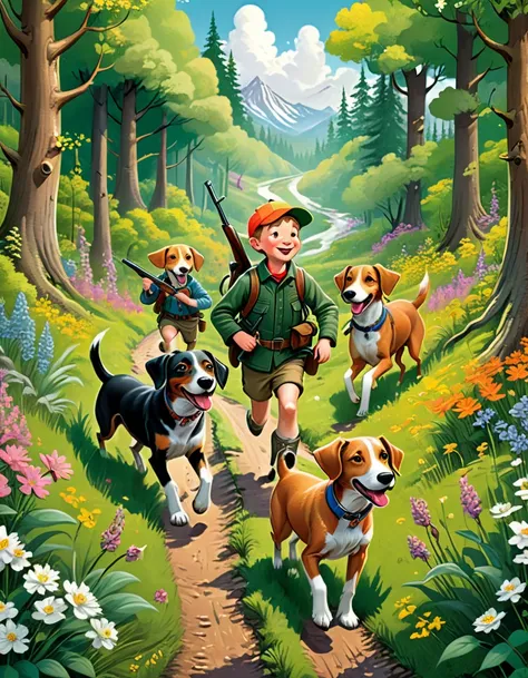 (Highest quality, Super detailed, Realistic: 1.37), Humorous, Cartoon style, Thick lines, childrens storybook illustration, Bright colors,Two hunters, hunting rifles in hand, walk cautiously along a path through a flowering forest, while two hounds run fro...