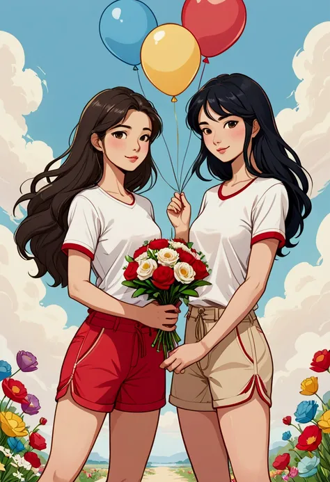 Two beautiful young women in Sarah Kay style, in love. One is a beautiful Asian woman with long black hair, the other young woman is a beautiful young British woman with semi-short light brown hair, both dressed in a white T-shirt and red details on the ed...