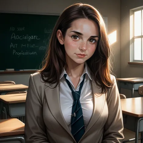 (gege:1.8), brunette, brown eyes, woman, (freckles:1.5), 35-year-old woman, ((in the classroom)), ((school uniform)), raw photo,...