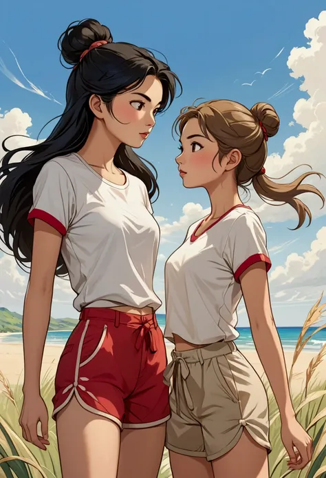 Two beautiful young women in Sarah Kay style, in love. One is an Asian woman with long black hair blowing in the wind, the other young woman is a young British woman with semi-short light brown hair tied in a bun, both dressed in a white T-shirt and red de...