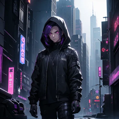 A man with short dark purple hair, wearing black clothes and a black hood, in a futuristic cyberpunk setting, highly detailed, 8k, photorealistic, cinematic lighting, dramatic shadows, moody atmosphere, sci-fi, gritty, neon lights, advanced technology, urb...