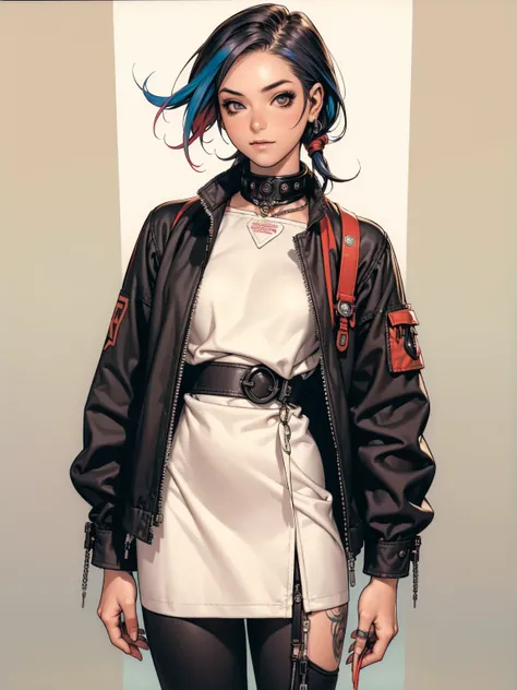 (((best qualityer))), (((manga strokes))), (((colorful punk hair))), jacket with rivets and screws, uma Kizi jovem muito bem vestida com roupas modernas de inverno, pants with red and black zig-zag pattern, top gift vertical stripes, short jacket with dark...