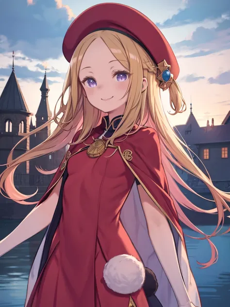 One Girl、Small breasts、Red Beret、Blonde Hair、long hair、Purple Eyes、amount、Forehead、Red dress、Red Cape、Rabbit tail accessory on chest、Upper Body、Smiling、Watching the audience、Nordic Village、Fantasy、blue sky、White tights、