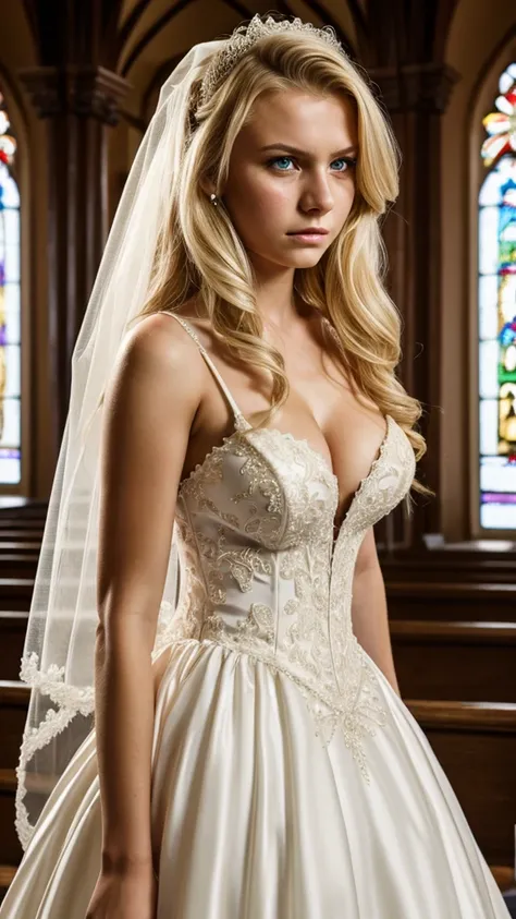 Portrait of a angry 18yo blonde Russian women in a wedding dress. Cleavage. Church background 