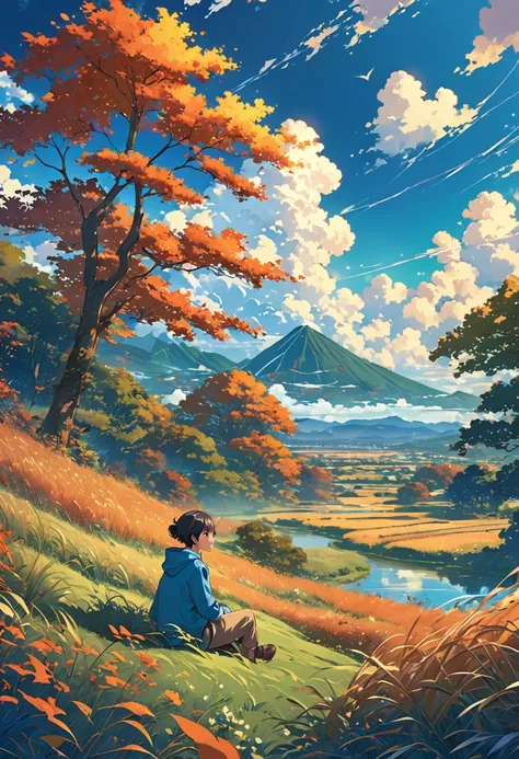 a boy sitting in an autumn meadow, seeing a vast blue sky with dark blue clouds, tall grasses, cloudy sky, makoto shinkai cyril rolando, anime art wallpaper 4k, anime art wallpaper 4k, animated background, anime art wallpaper 8k, animated background art, A...