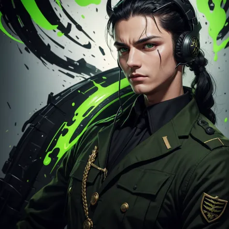 A man in military uniform. black hair pulled back. black small horns. tactical railed headset. cut on cheek, from which a bright green liquid flows