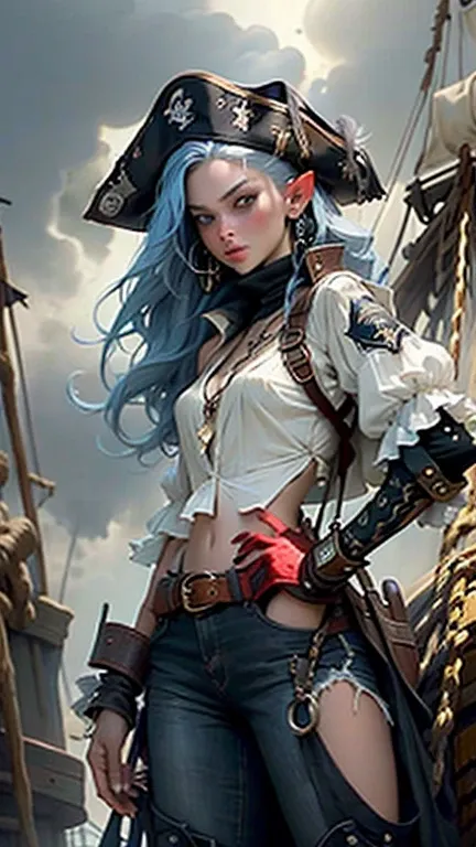 High quality, masterpiece image of a girl with long blue hair, blue eyes, wearing a pirate hat, clothes, and a bandana underneath. She has a white blouse with wide sleeves, a black coat, long trousers, and black and gold boots. She has a lip piercing and a...