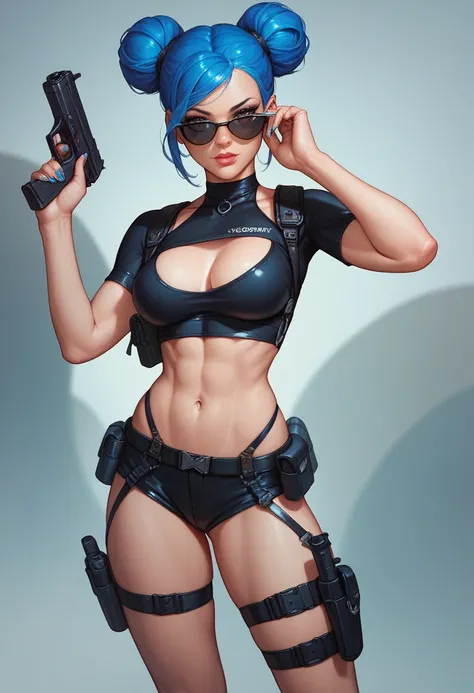 beautyfull woman, blue buns hair, blue hair, black secret agent suit, holsters, sexy, slender, holding guns, black sunglasses
