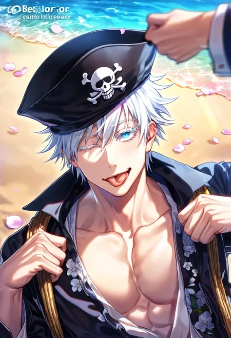 absurdres, highres, ultra detailed, HDR, master piece, best quality, Gojou Satoru, white hair, expressive blue eyes, white eyelashes, left eye closed, Jujutsu Kaisen, solo, sexy man, handsome, horny, lewd, winking, sticking out his tongue, black hat, fanta...