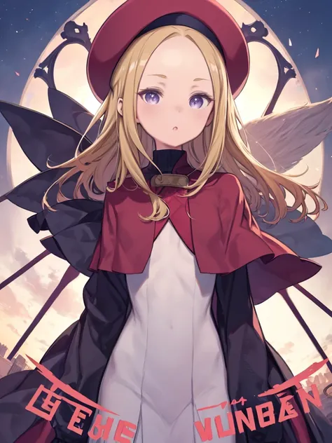 One Girl、10 years old、Red Beret、Wear your hat deeply、Blonde Hair、long hair、Purple Eyes、amount、Forehead、Red long sleeve dress、turtleneck、Red Cape、(Rabbit tail accessory on chest)、Upper Body、△ Mouth、Watching the audience、Nordic Village、middle ages、blue sky、