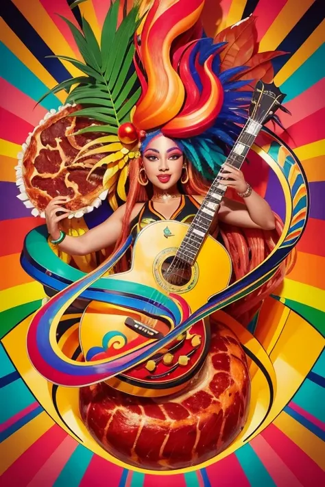 A surrealist illustration that mixes samba elements (such as musical notes and instruments) with rib (like flames and pieces of meat), all in a vibrant and colorful style, using shapes and colors that represent both the gym and the samba and barbecue festi...