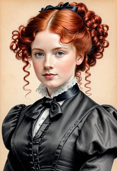 A pencil drawing of a young victorian governess, curly red hair. Kind and inteligent energy.