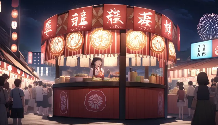 ultra-detailed, (professional lighting) hyper detailed, absurdres, 8k, night, summer, Japan festival stalls, I see fireworks,