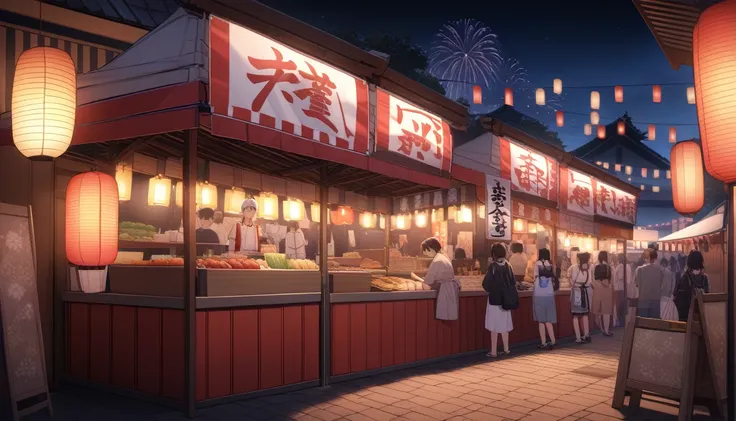 ultra-detailed, (professional lighting) hyper detailed, absurdres, 8k, night, summer, Japan festival stalls, I see fireworks,