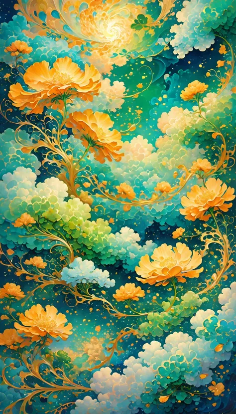 A mesmerizing digital art piece on a large, high-gloss canvas, featuring an abstract background teeming with a dynamic mix of organic shapes reminiscent of cellular structures, swirling clouds, and tender petals, set against a vibrant color palette that os...