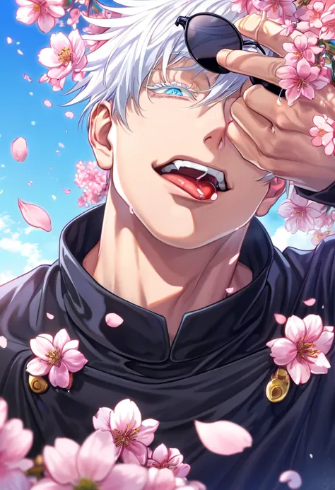 absurdres, highres, ultra detailed, HDR, master piece, best quality, Gojou Satoru, white hair, expressive blue eyes, white eyelashes, left eye closed, Jujutsu Kaisen, black round sunglasse,  solo, sexy man, handsome, horny, lewd, winking, sticking out his ...