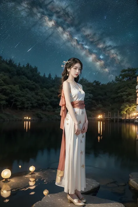 (((best quality))),(((ultra detailed))),(((masterpiece))),illustration,((1 beautiful girl,solo)),(shoulder length straight hair:1.2),((earrings,necklace)),((slim,thin)),((small breasts,flat chest)),(gorgeous sheer red Hanfu:1.5),(slender legs:1.2),(loafers...