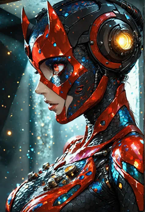 full body , a black bat next to a robot female cyborg , mouth open roaring, titanium red armor with light and glitter, long silver hair with light skulls on hair, text and painting tattoos on the face, snake lightening eyes with one eye closed, cosmos eyes...