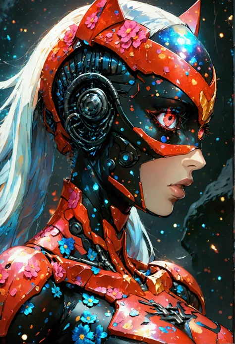 full body , a black bat next to a robot female cyborg , mouth open roaring, titanium red armor with light and glitter, long silver hair with light skulls on hair, text and painting tattoos on the face, snake lightening eyes with one eye closed, cosmos eyes...