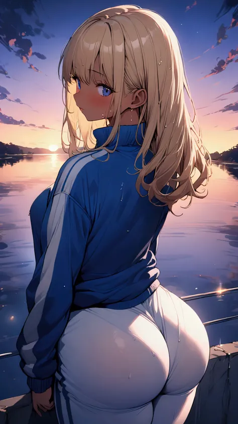 masterpiece, Highest quality, Ultra-high resolution, (beautiful girl: 1.3), Brown Hair, Straight hair、Looks like a 15 year old、 (Blue sweatpants: 1.2), (The jacket is a blue track jacket.: 1.2), back view、Big round shapely ass、A waterway with a dazzling su...