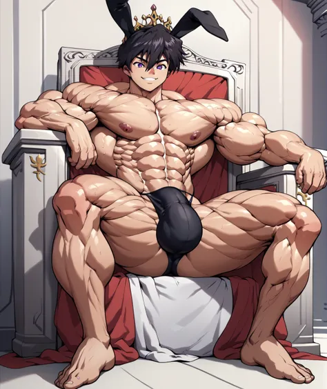  naked , big bulge , huge bulge, suit bunny ,alone, full body,smiling , muscular, huge muscle, big muscles, pectoral muscle , Boy , YOUNG  , Lelouch_Lamperouge, black hair, purple eyes, hair between eyes , pokkuti , sitting on a throne, royal throne, sitti...