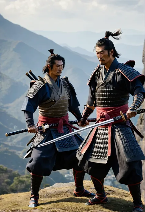 HD clear，Optimal image，illustration，Super detailed，high detal，Two samurai fought in the mountains，eventide，In the daytime，，katana swords，longspear，preparing to fight，Blood dripping